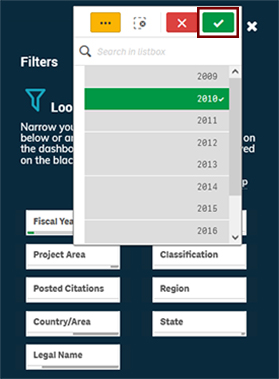 Figure 2.b: Figure displays Fiscal Year drop-down with search term and selected search result. Figure 2.b: Figure displays Fiscal Year drop-down with search term and selected search result.